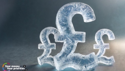 Image of three frozen £ signs with a logo which says your money your priorities