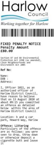 Example of a fixed penalty fine notice