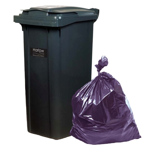 Non recycling grey bin and purple bag
