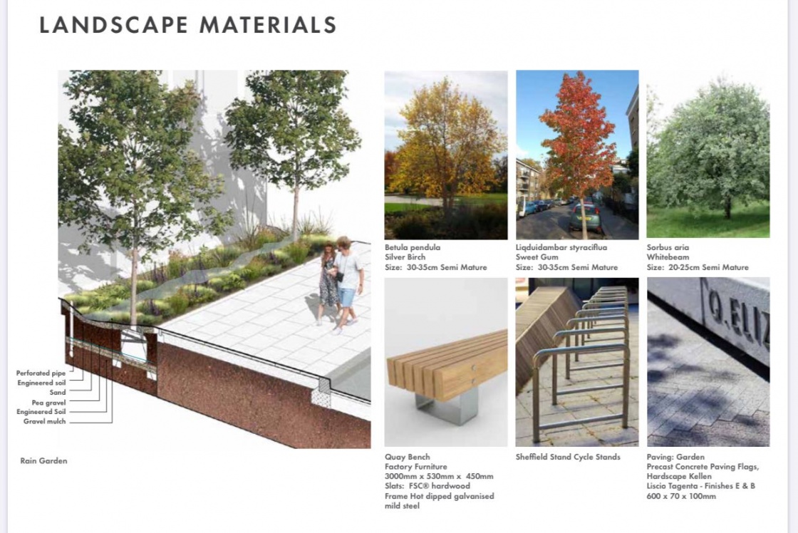 Playhouse Quarter proposals landscape materials including types of trees and wooden benches
