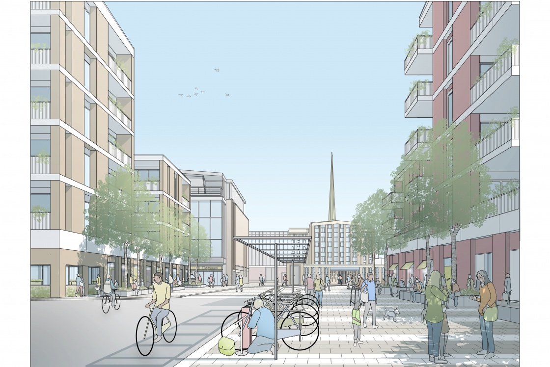 Playhouse Quarter artist's impression with bike rack and new flats