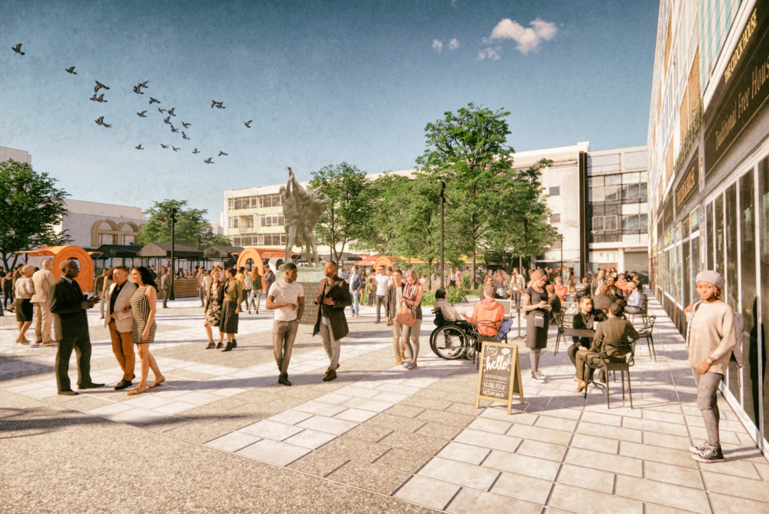 Stone Cross Square artist's impression with crowds, green landscaping and pop up market