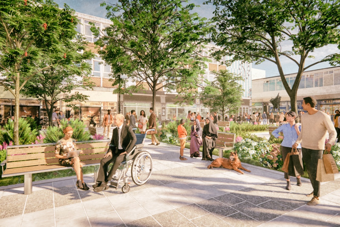 Stone Cross Square artist's impression with crowds and green landscaping