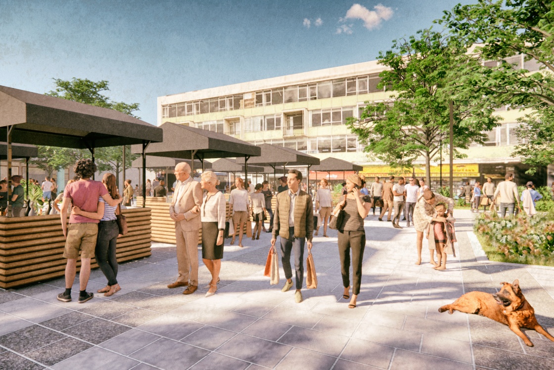 Stone Cross Square artist's impression with crowds, green landscaping and new pop up booths