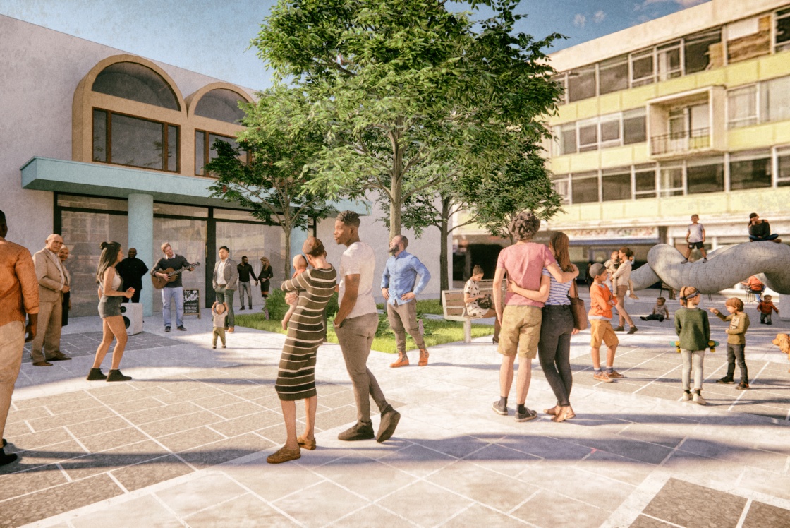 Stone Cross Square artist's impression with new green landscaping