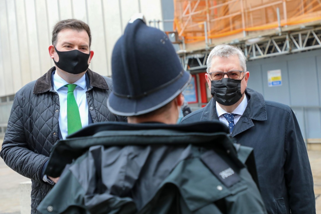Council and police meet to talk about town centre crime Councillor Charles and Essex Police Commissioner, Roger Hirst, talking to a local police officer