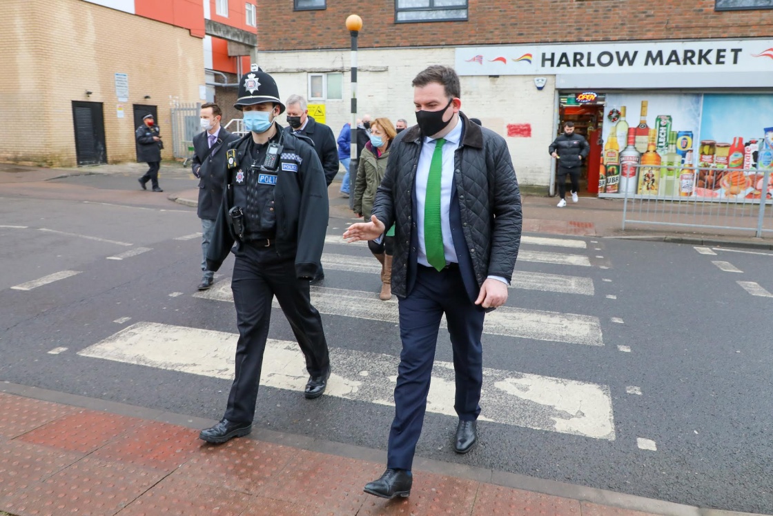 Councillor Charles meets police to talk about town centre crime Image of Councillor Charles with local police officer