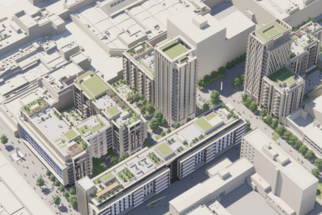 Aerial image of what the redevelopment of land and buildings in the town centre might look like 