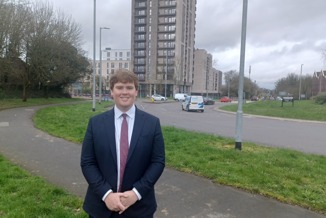 Councillor Dan Swords Councillor Dan Swords outside the Burnt Mills development