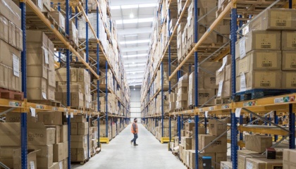 Image of inside of warehouse with shelving and boxes awaiting delivery