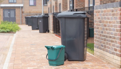 Image of green food waste and black non recycling bins on the street
