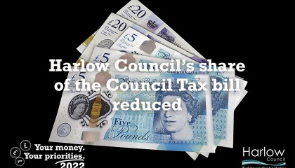 Image of bank notes with the text: Harlow Council’s share of the Council Tax bill reduced 