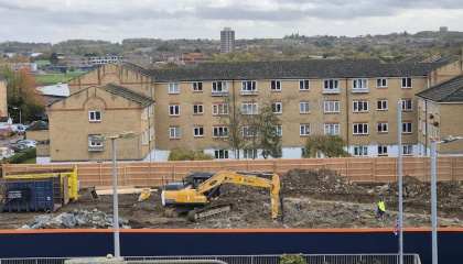 Construction site showing demolition of Occasio House