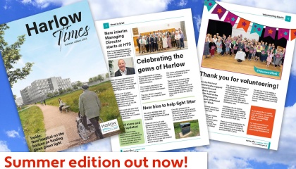Image shows images of the summer edition of Harlow Times with the text summer edition out now!