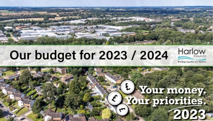 Image of Harlow from the air with the text Our budget 2023/2024