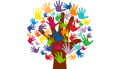 Photo of large hand with lots of different colour hands to look like a tree 