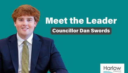 Image of Councillor Dan Swords with the text meet the leader 