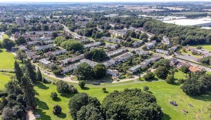 Aerial photo showing houses which are part of the Mark Hall North conservation area