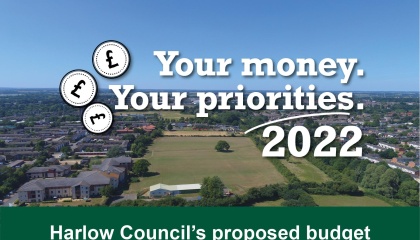 Image of Harlow with the text Your money. Your priorities 2022. Harlow Council’s proposed budget 