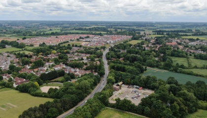 Aerial image of Mulberry Green, Churchgate Street with the Gilden Park development at the top of the image 
