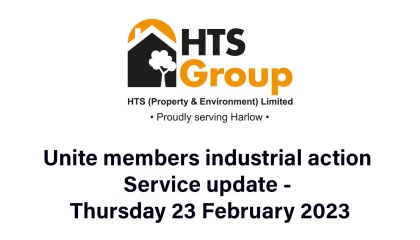 Image of HTS Group with the text Unite members industrial action service update Thursday 23 February 2023
