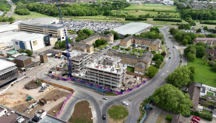 Aerial image of construction progress at Playhouse Square on the Arts and Cultural Quarter