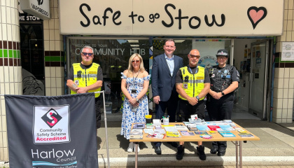 Image of Community Safety team, councillors and Community Policing team outside Safe to go Stow hub 
