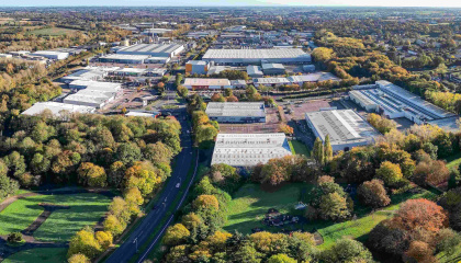 Aerial image of Harlow retail parks along Edinburgh Way 