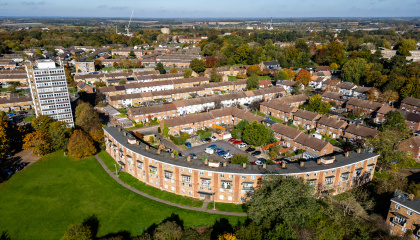 Aerial image of housing in The Stow area of Harlow by Brian Thomas Photography