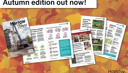 Image showing inside pages of Harlow Times with the words autumn edition out now!