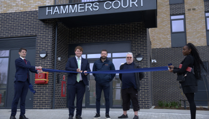 image of handover event for Hammers Court with Councillor Dan Swords, Tom Hill and Harlow resident Dennis