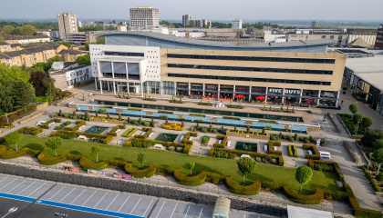 Aerial image of Harlow Civic Centre and The Water Gardens
