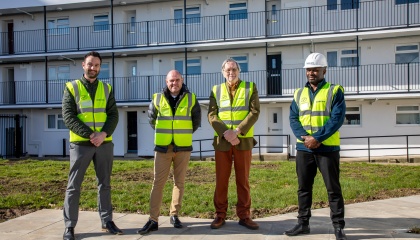 Photo of contractors and Councillor Simon Carter at the refurbishment of The Hides 