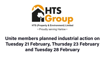 Image of HTS Group logo with the text: Unite members planned industrial action on Tuesday 21 February, Thursday 23 February and Thursday 28 February 