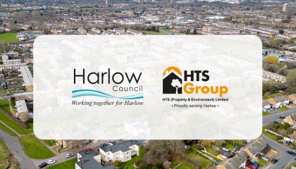 Image of Harlow Council and HTS logos with a aerial image of the town in the background 
