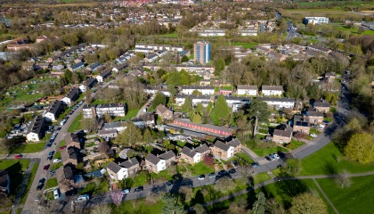 Aerial shot of Harlow, credit Brian Thomas Photography