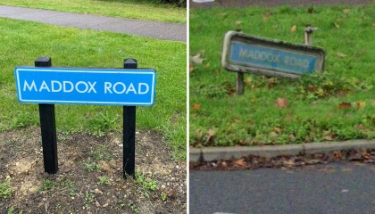 image of new street sign for Maddox Road and old broken street sign 