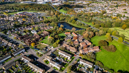 Aerial image of Harlow looking towards the town centre. Photo by Brian Thomas photography.