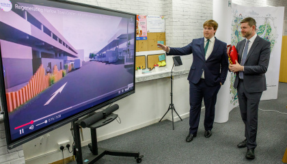 Image of Councillor Dan Swords and Jim McMahon MP in the Discover Harlow hub