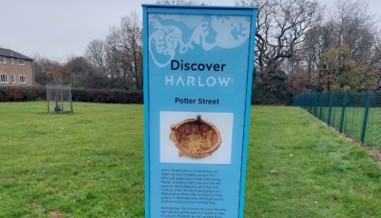 Image of a new blue heritage signboard in Potter Street 