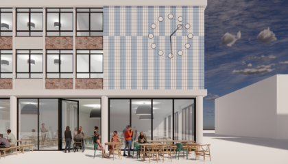 CGI of refurbished Adams House featuring the iconic clock face