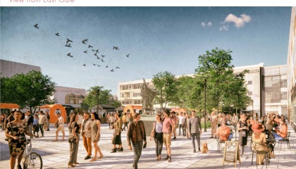 Artists's impression of what Stone Cross Square will look like with a crowd of people, new green landscaping and popup market 