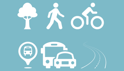 Image showing symbols of a tree, person walking, cyclist, map marker with a bus, a bus and car and a road