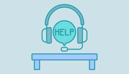 Image of a desk with a bubble, with he word help inside it, wearing a headset