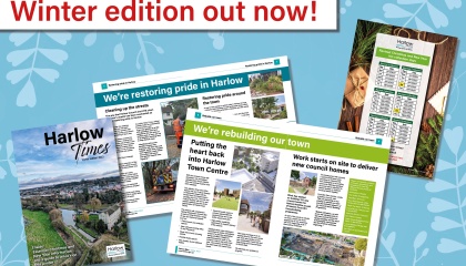 Image of pages from the winter edition of Harlow Times with the text Winter edition out now!