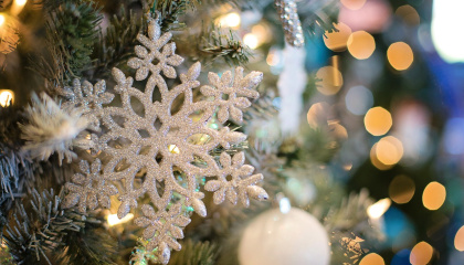 Close up image of christmas tree and lights in background 